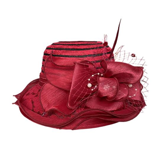 Женская рыбацкая шляпа из органзы с кружевным бантом из искусственного жемчуга, декор из перьев, винтажный королевский стиль, с плоским верхом, защита от УФ-лучей и солнца, кепка для выпускного вечера, вечерние шапки для торжественных случаев