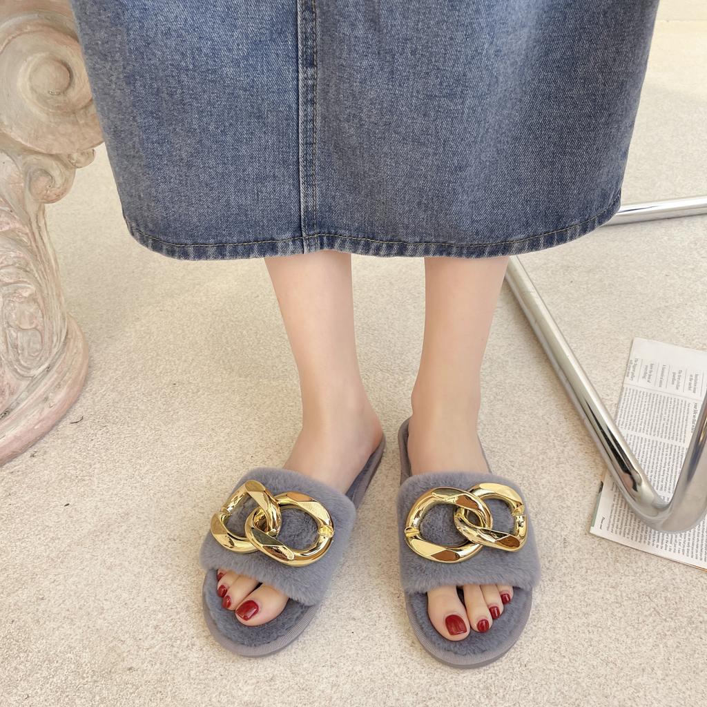 Мода 2024 Зима Новые женские домашние однотонные металлические украшения пушистые меховые хлопковые тапочки