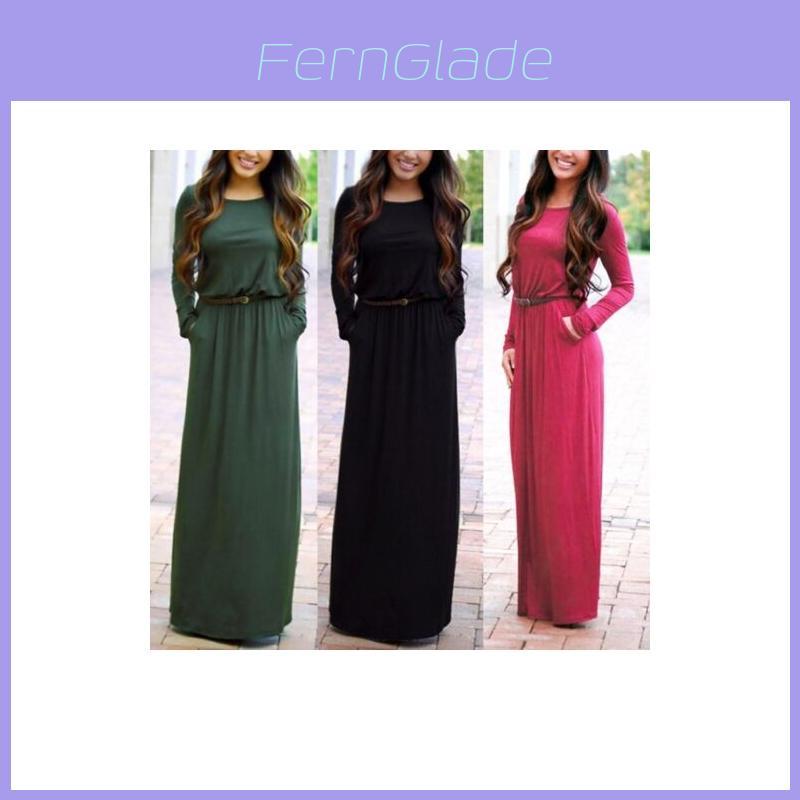 Casual Women Fashion Long Sleeve Belted Party Evening Cocktail Long Dress Maxi