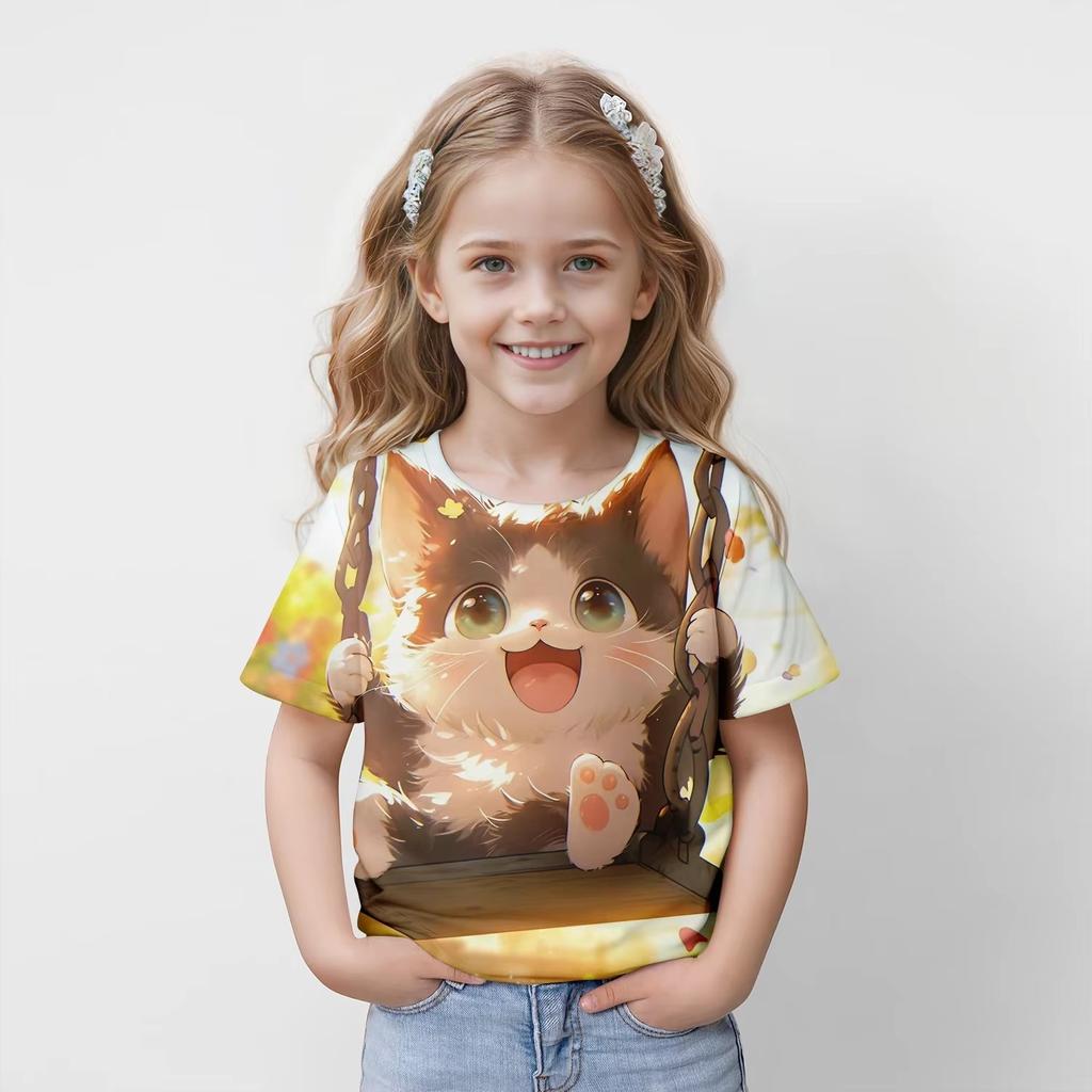 Одежда для девочек Футболки для девочек с коротким рукавом и 3D-принтом для детей Летняя одежда Повседневная Милая одежда с круглым вырезом для детей и мальчиков Топы