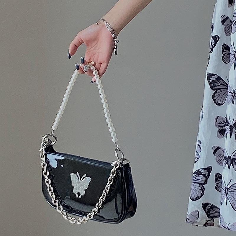 Designer Underarm Bag Summer New PU Butterfly Pattern Pearl Chain Glossy Lacquer Leather One Shoulder Crossbody Bag