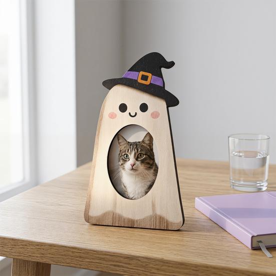 Holiday Gift Photo Holder Halloween Wooden Frame, Pumpkin/Ghost Picture Frame for Wall Personalized Hanging or Desktop Display, Home Decor Sturdy Wood