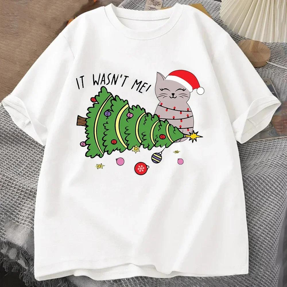 Merry Christmas Womens Tshirt Cat Enthusiast Santa Claus Elf Round Neck Short Sleeve Holiday Season Casual Womens Tshirt