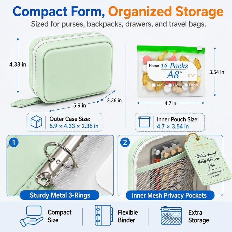 Portable Waterproof Pill Pouch Set 14Pcs Bags Inside A8 Pill Pouches for Travel Organizer Flexible Binder Case for Medicine