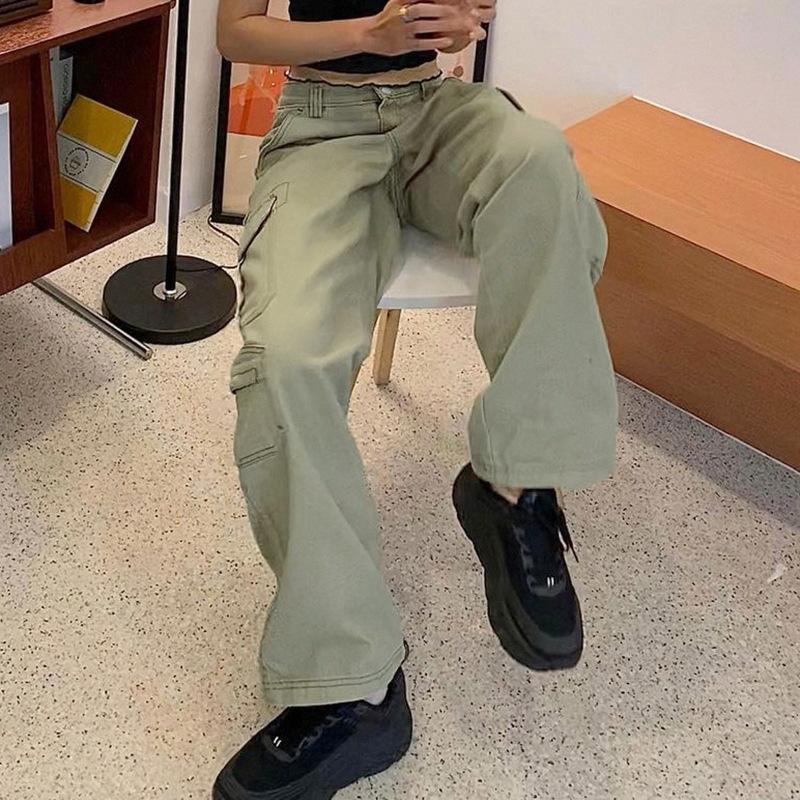Винтажные брюки-карго с несколькими карманами, женские джинсы Y2K с низкой талией, широкие свободные штаны, повседневная уличная одежда, джинсовые брюки для бега, светло-зеленые