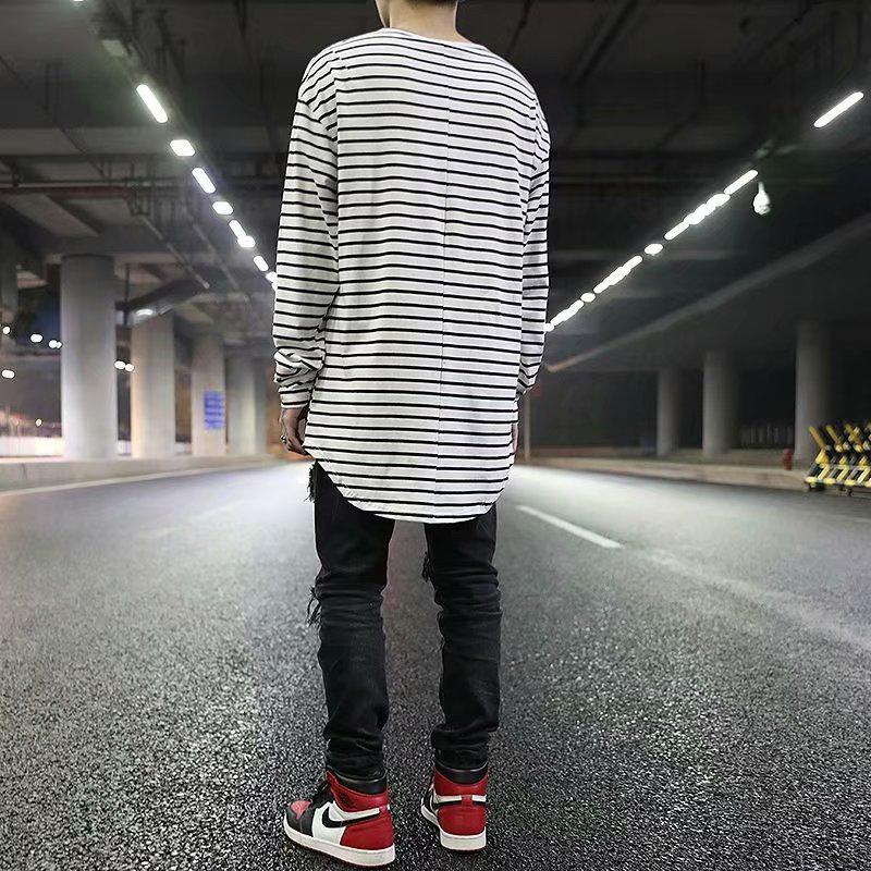 Мужская хип-хоп футболка с длинным рукавом, коротким передом и длинной спиной, черно-белые полосы
