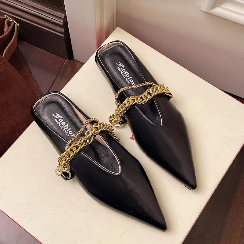 Pointed Toe Women's Slippers Chain Flats Fashion Mules Shoes Summer Woman 2025 New Designer Sandals Cozy Walking Chaussure Femme