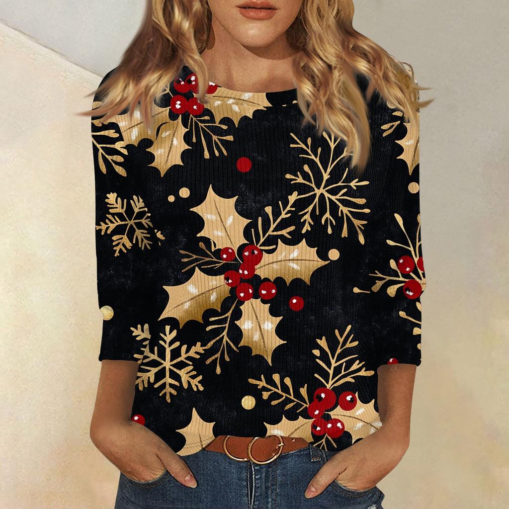 Women's Fashion And Winter Casual Round Neck Brushed Ribbed Christmas Print Three-quarter Sleeve T-shirt Women's Clothing