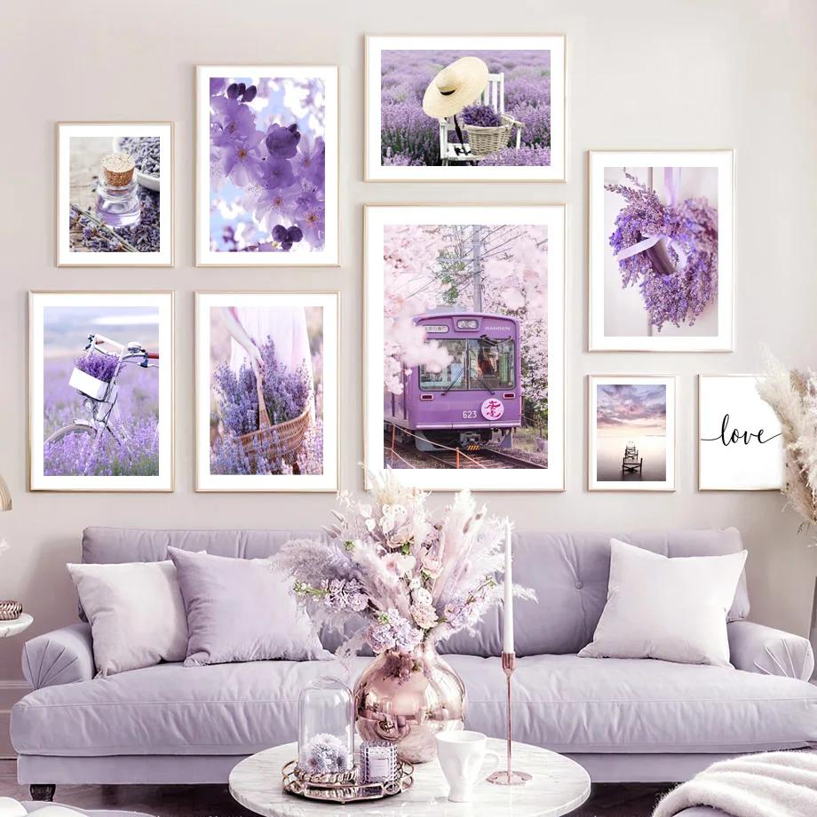 Lavender Wreath Train Bike Purple Landscape Wall Art Nordic PostersCanvas Painting And Prints Wall Pictures Living Room Decor