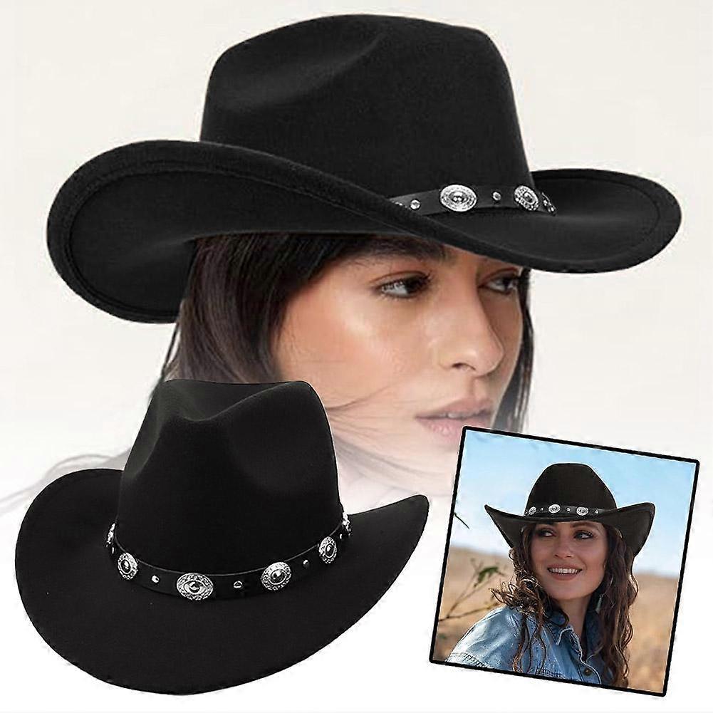 Black Cowboy Cowgirl Hat Wool Blend With Leather Band Sun Shading Hat
