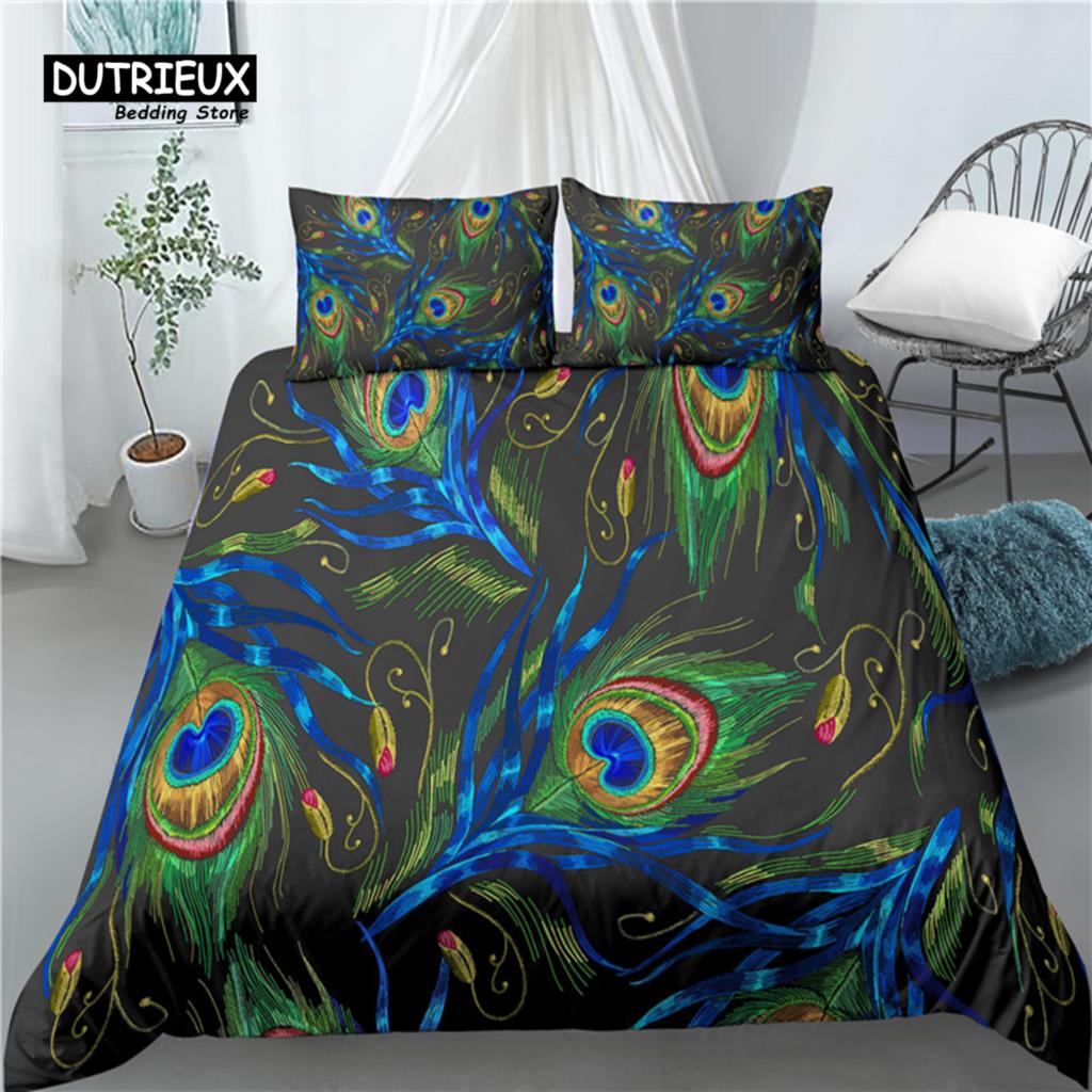 Главная Жизнь Роскошь 3D Павлиньи Перья Принт 2/3 шт Удобный Пододеяльник Наволочка Постельное белье Комплекты Queen и King Размер EU/US/AU