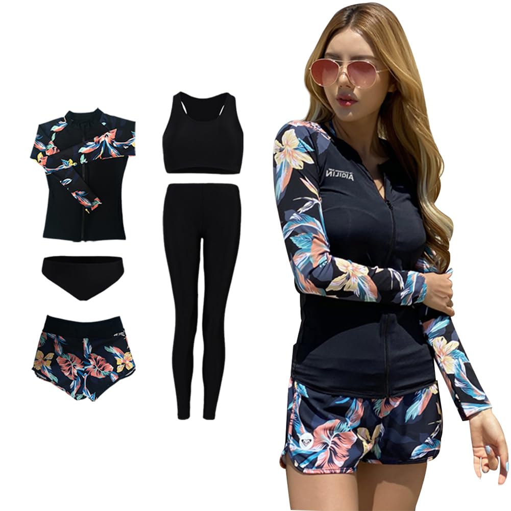 ANGJ Fitness Long Sleeve Rash Surfing UV Protection Women's 5-Piece Swimsuit, Full-Length Swimsuit, Guard, Separates, Leggings, Pants, Tankini,