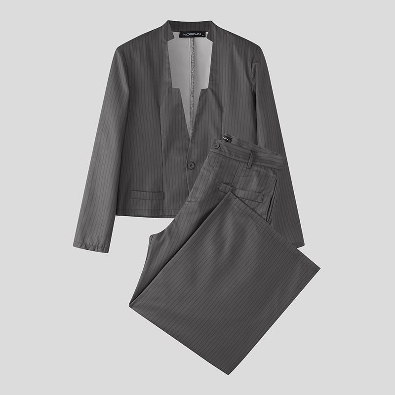 INCERUN Men Striped Sets Cutout Cropped Tops and Long Pants Trousers Casual Suits
