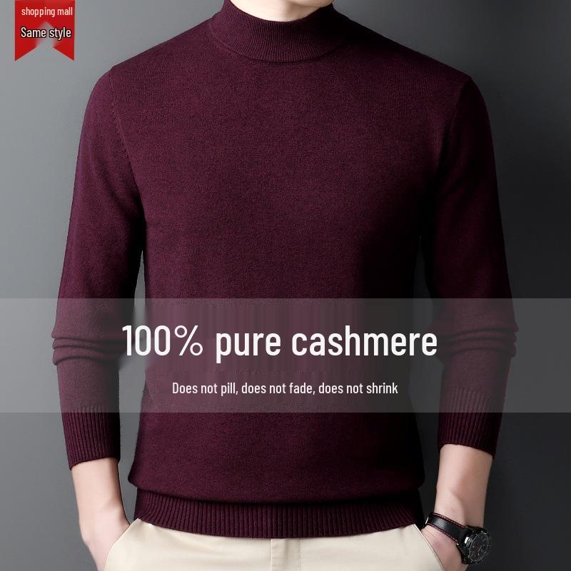 Men's 100% Cashmere Mid-Neck Black Sweater - Thickened Winter Base Layer