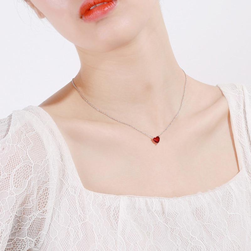 Begua Ringen 925 Sterling Silver Necklace Red Heart-shaped Clavicle Chain Simple Crystal for Women