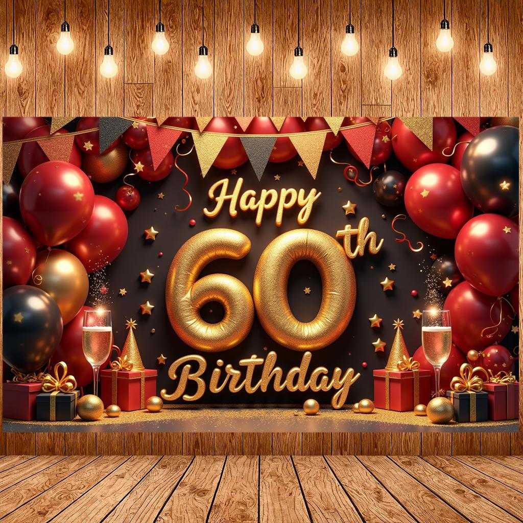 Фон для 60-летия Блестящее золотое покрытие Баннер «Счастливого 60-летия» Фотозона для дня рождения Элементы в виде бокалов для шампанского