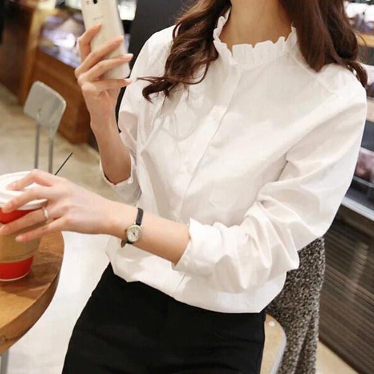 New Women's White Ruffle Edge Standing Collar Long Sleeved Professional Shirt Women's Loose Top