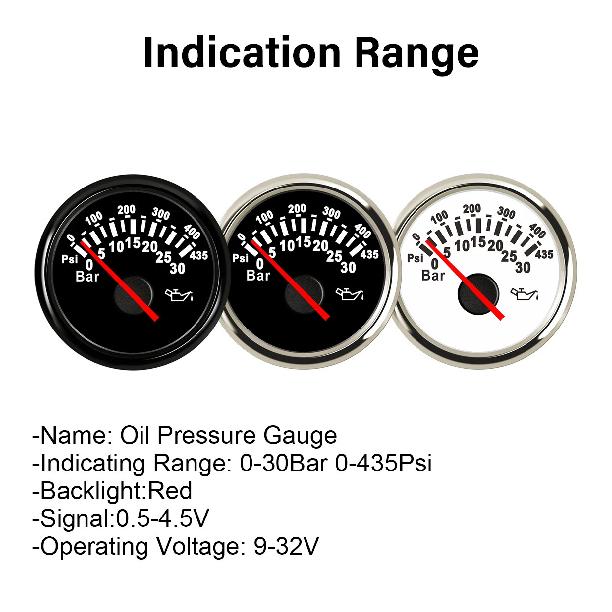 ELING Newest 52mm Oil Pressure Gauge 0-30Bar 0-435Psi Signal with Red Backlight for Motorcycle Boat Truck Universal 12V 24V