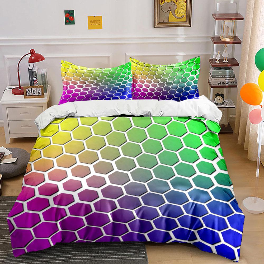 3Pcs Iridescent Honeycomb Bedding Set, Pastel Rainbow Hexagon 3D Print Duvet Cover Pillowcases Single Double King Queen, Gift
