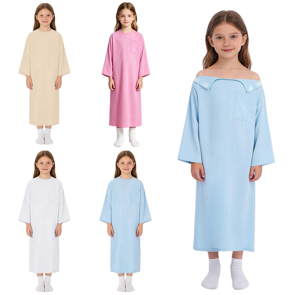 Kids Adaptive Nursing Gown Long Sleeve Back Split Hook-Loop Fastener with Pocket for Special Needs Patients