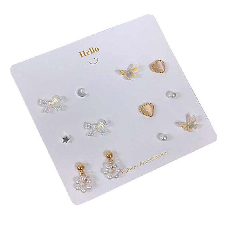 6 пар/комплект простые серьги-гвоздики с жемчужинами, луной, бантом, бабочкой, серьги в форме сердца и звезды для женщин, аксессуары, ювелирные изделия