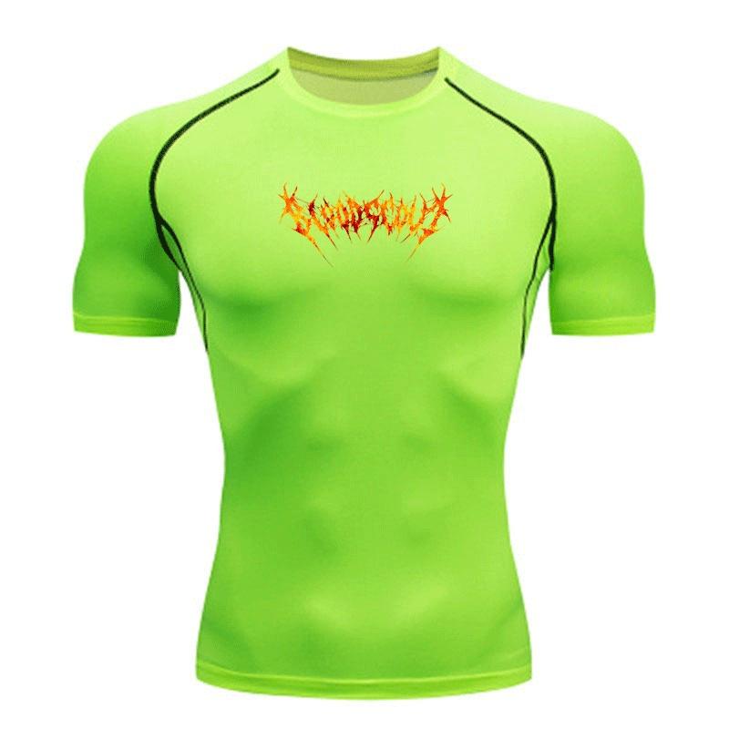 Men's Quick Dry Compression Workout T-Shirt, Spike Fire Flame Printed Athletic Top for Gym Running Training Sports Activewear