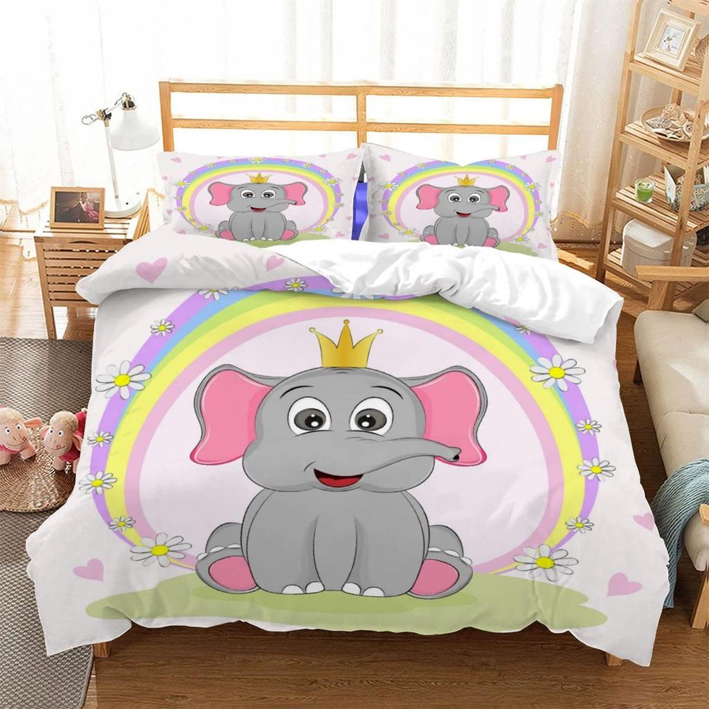 Kawaii Elephant Duvet Cover Set Cute Animals Quilt Cover Twin Queen Soft Microfiber Cartoon Bedding Set For Boys Girls Room Dorm