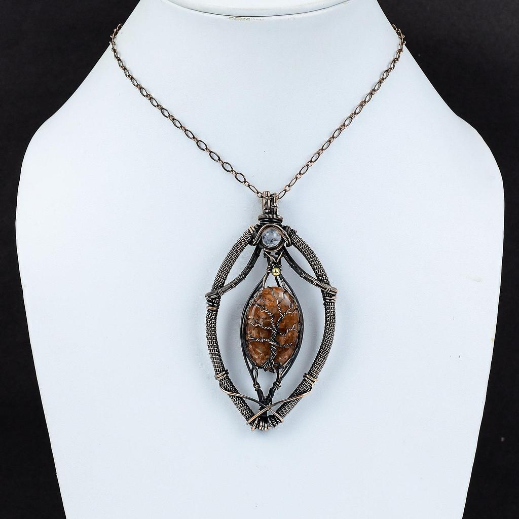 Кулон Древо Жизни с камнем Солнечный камень, обмотанный медной проволокой, кулон с Радужным лунным камнем, медные украшения, подарок на помолвку, ручная работа, удивительный кулон