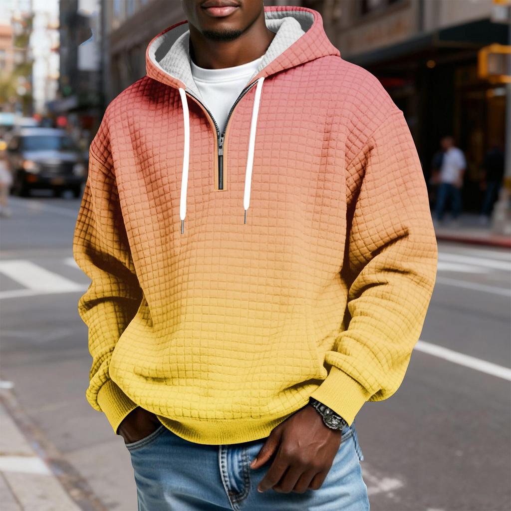 Мужской худи-пуловер в клетку с капюшоном на молнии до середины, со шнурком и принтом, повседневная спортивная толстовка