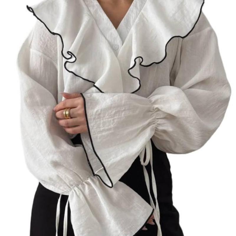 Новый Весенне-Осенний Женский Простой Модный Повседневный Кардиган Топ Цветной Блок Многослойная Рубашка с Рюшами