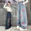 Spring and Autumn Kids Bow Embroidery Straight Casual Jeans Teens Girl Gothic Wide Leg Y2K Denim Pants Child Street Jeans Trousers