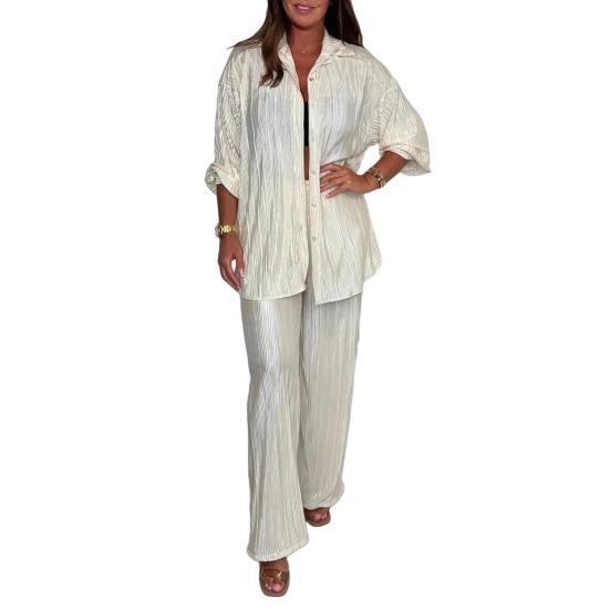 Casual 2 Piece Outfit for Women Long Sleeve Button Down Shirt Wide