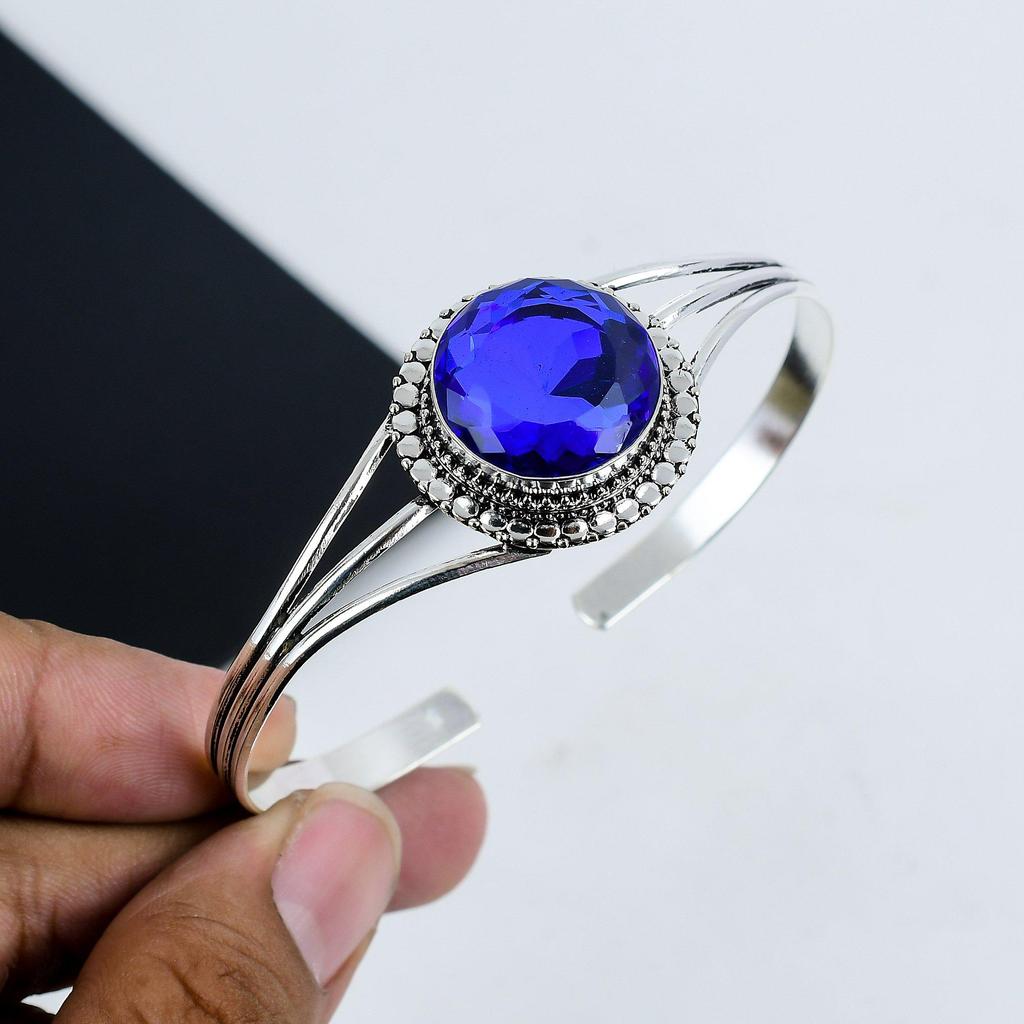 Dainty Blue Sapphire Gemstone Handmade Cuff Bangle 925 Sterling Silver Cuff Bangle, Blue Sapphire Cuff Bangle For Wife , Unisex Bangle, Gift