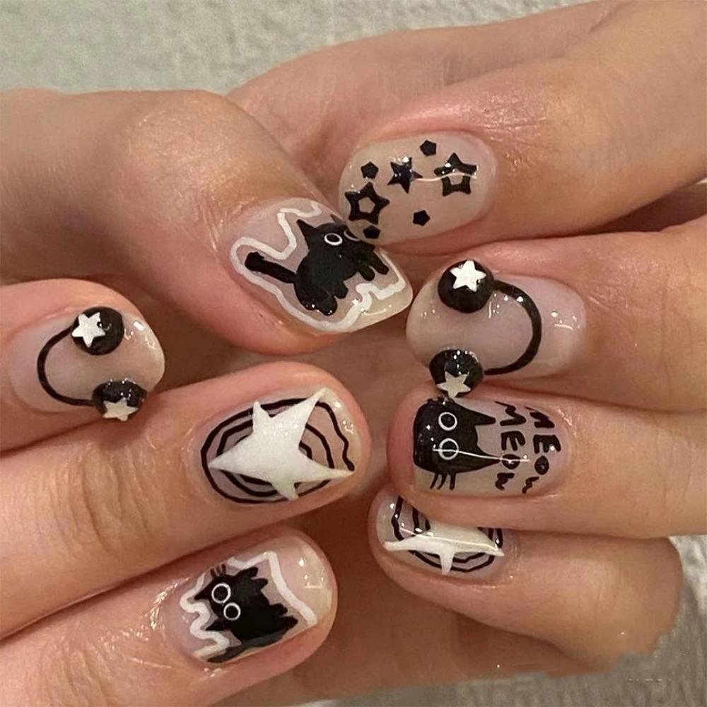 Kawaii Little Black Cat Nail Stickers Cartoon Cute Cat Stars Letters Nail Sliders Y2K Korean Japanese Nail Art Manicure Decors
