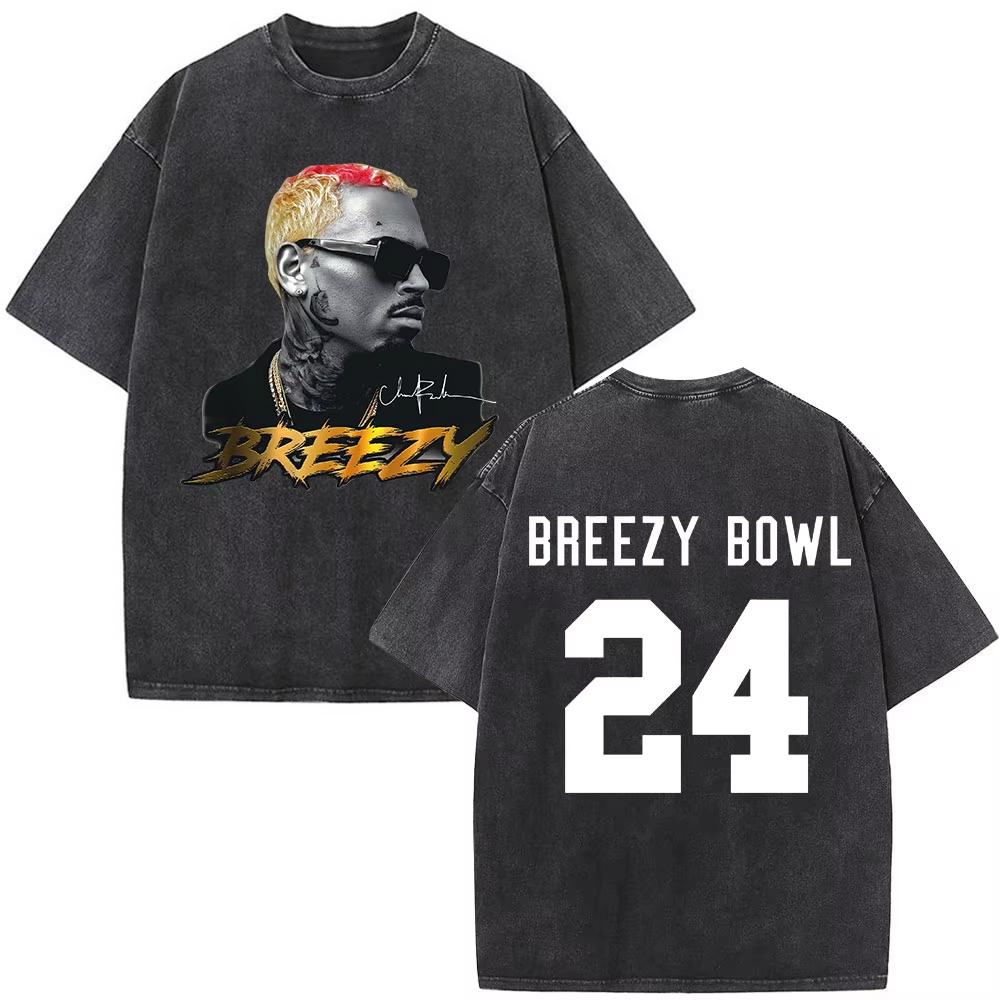 Футболка Chris Brown Breezy Футболка Breezy Bowl Тур XX Винтажные стираные футболки Мужская мода Хип-хоп Футболка с коротким рукавом Уличная мода