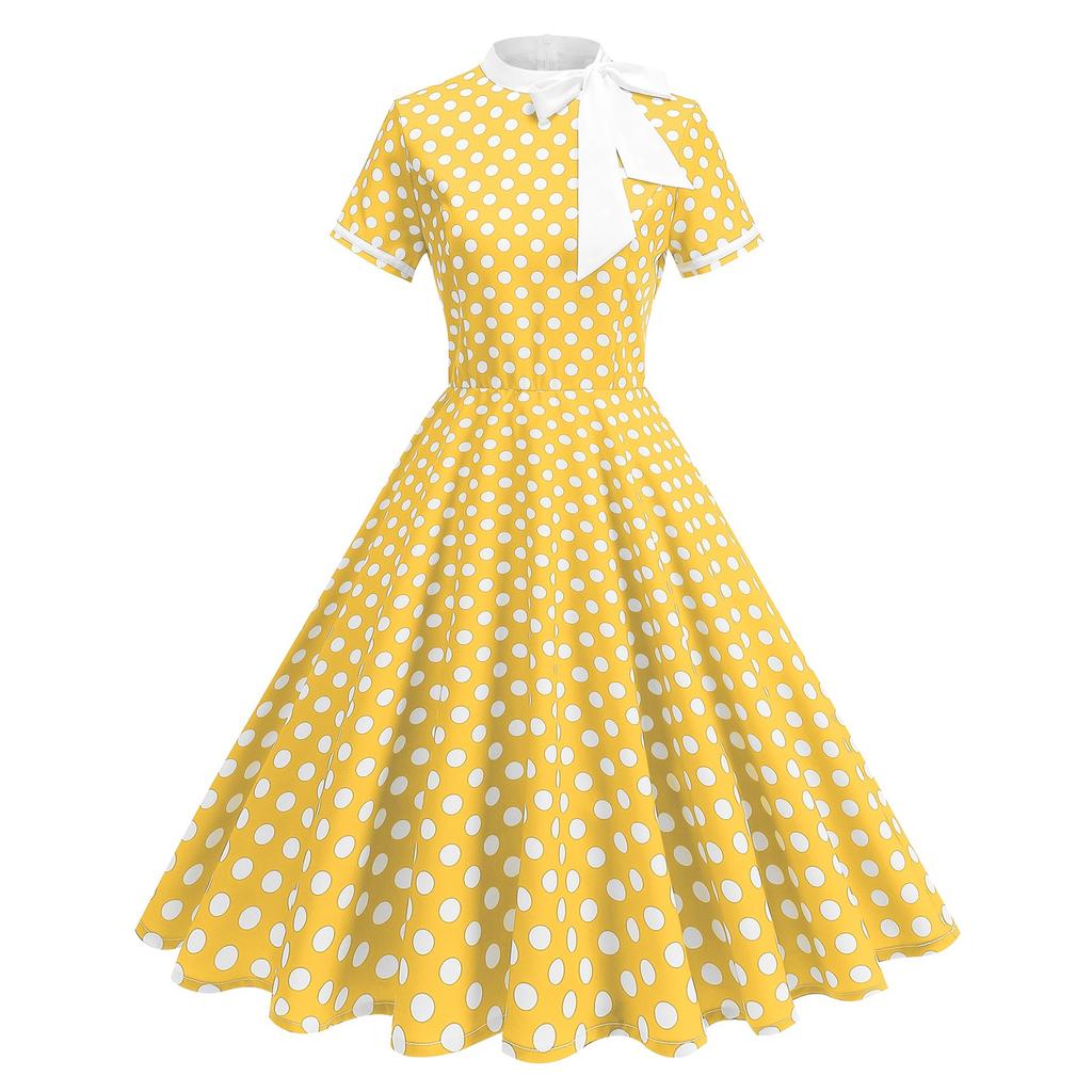 Women's Fashionable Fresh Polka Dot Long And Long Swing Retro Dress