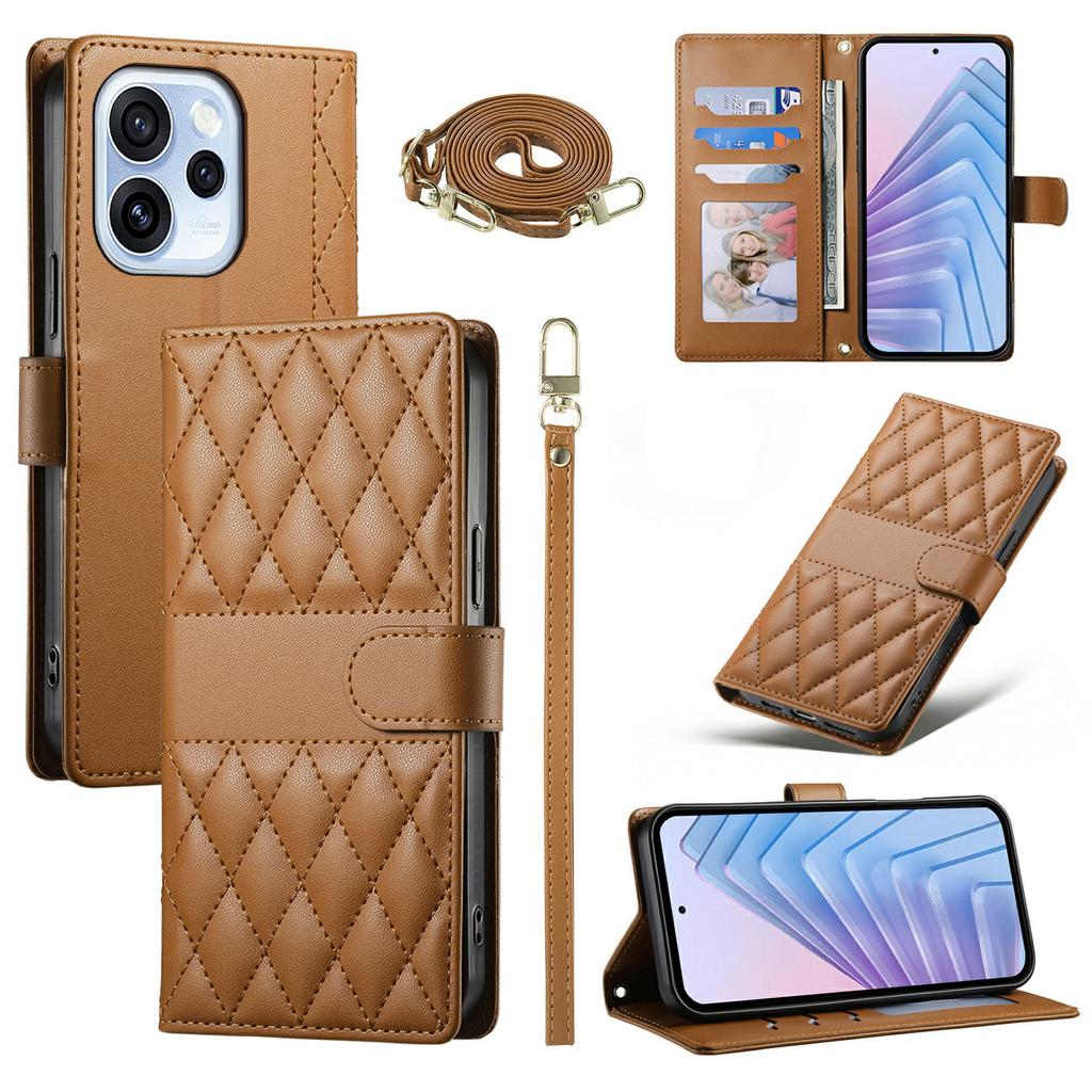 For Oppo Reno15 F 5G Wallet Case Rhombus Stitching Stand Leather Phone Cover with Long / Short Strap