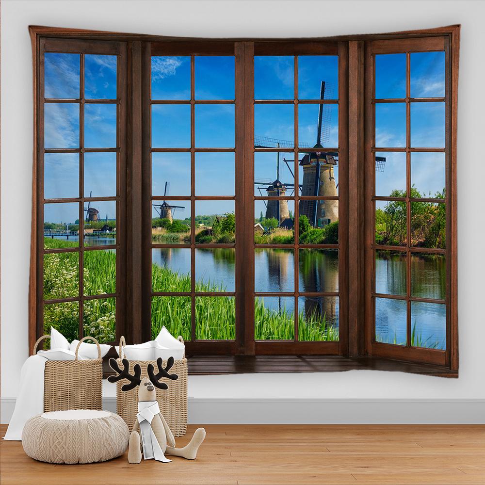 3D вид из окна, украшение, гобелен, настенный гобелен в стиле хиппи, декоративный гобелен в стиле бохо, настенный гобелен для спальни, общежития