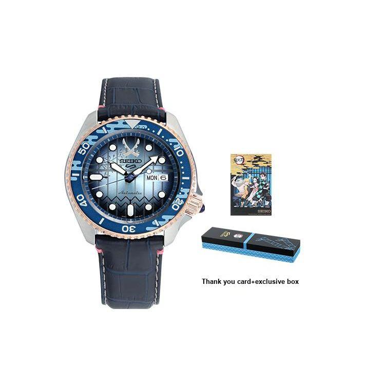 Seiko 5 Demon Slayer Collaboration Inosuke Hashibira Stainless Steel Watch Automatic Mechanical Movement Leather Strap Unisex watches blue SRPJ26K1