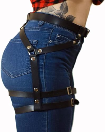 Women's Punk-Style Leather Adjustable Thigh and Waist Belt, Black