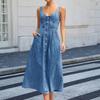 Denim Dress for Women Summer Casual Sleeveless Midi Dress with Pockets Button Down A-Line
