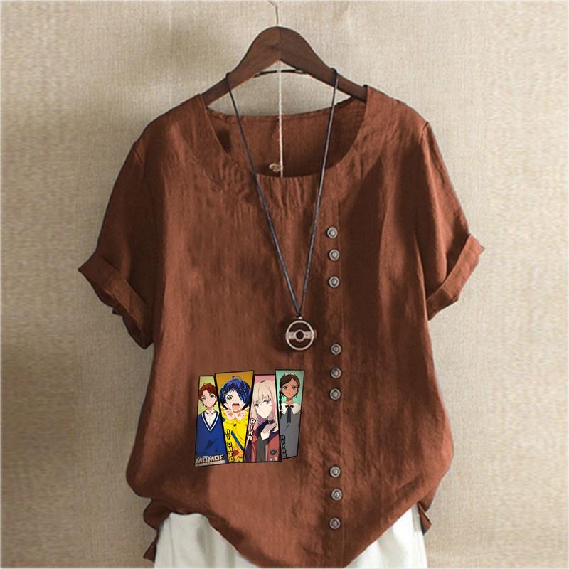 Women's Fashion Cartoon Characters Prined Round Neck Short Sleeve T-shirt Casual Cotton Linen Graphic Shirt Leisure Loose Summer Blouse Tops