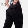 Women Flared Pants Elastic High Waist Wide Leg Casual Trousers with Flap Pockets Solid Color Cargo Pants Daily Wear