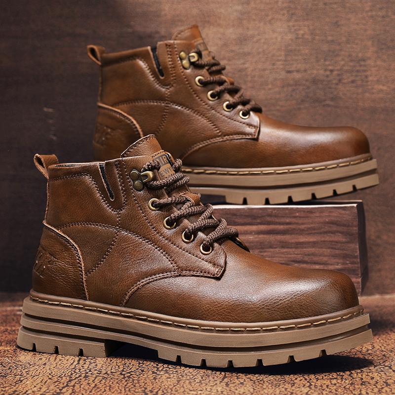 FashionStreet Style Men Leather Boots Thick Sole Non-slip ManAnkle Botas Non-Slip Outdoor Motorcycle Boots Versatile Leisure Walk Shoes