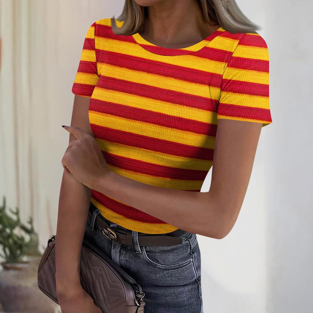 Women's Casual Fashion Round Neck Striped Print Short Sleeve Ribbed Top