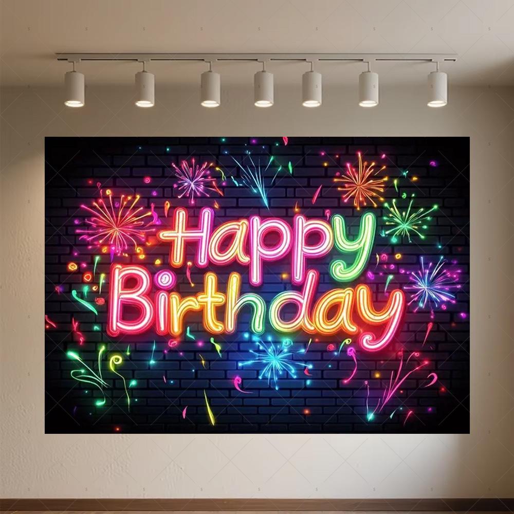 Glitter Happy Birthday Background Banner Glow Neon Dance Carnival Party Decorations Colourful Backdrop Supplies Photography Prop