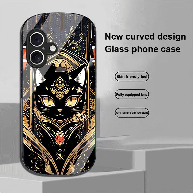 Черный Золотой Кот для Apple iPhone 16 11 13 15 14 Pro Max 12 Mini 7 8 Plus XR X XS Чехол для телефона из закаленного стекла эллиптической формы