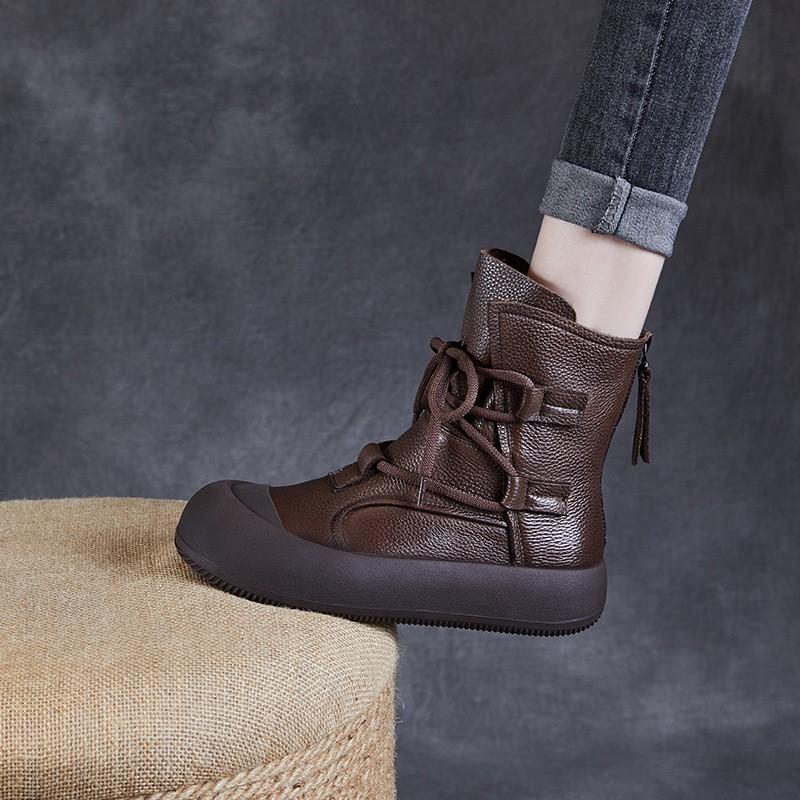 Johnature Handmade Vintage Mid-calf Boots Genuine Leather Women's Thick Soled Casual Versatile Short Boots