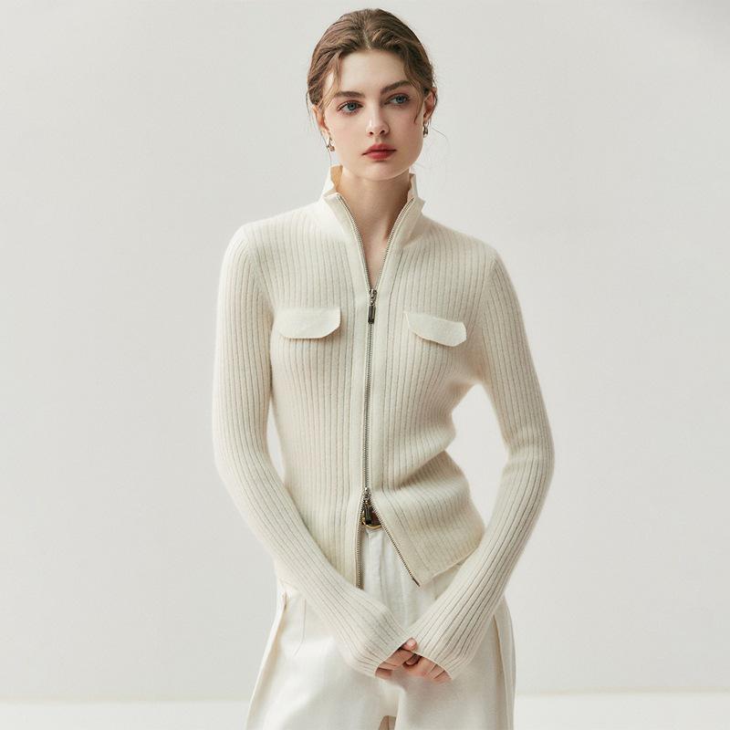 Женский кашемировый кардиган с высоким воротником на молнии с двумя бегунками и отделкой в виде ложных карманов, Осень/Зима 2025