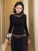 Women's Gray Lace Patchwork High Neck Long Sleeve T-shirt – Stylish Winter 2026 Base Layer